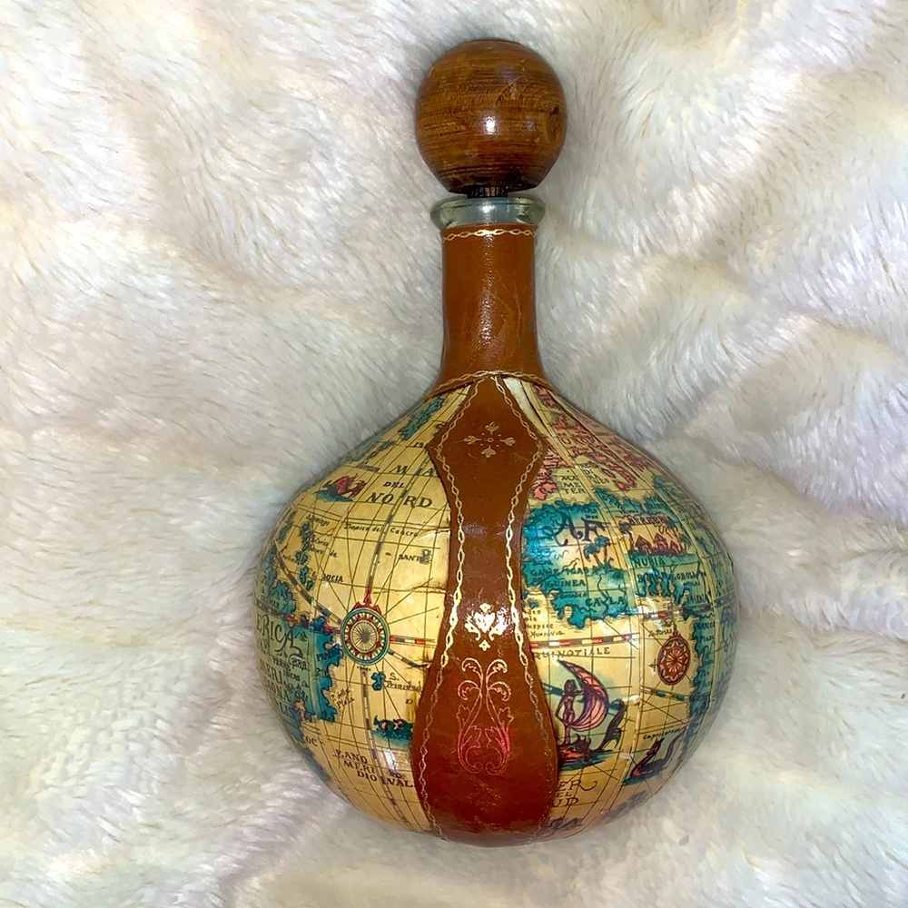 Vintage Italian genuine leather and wood bottle decanter